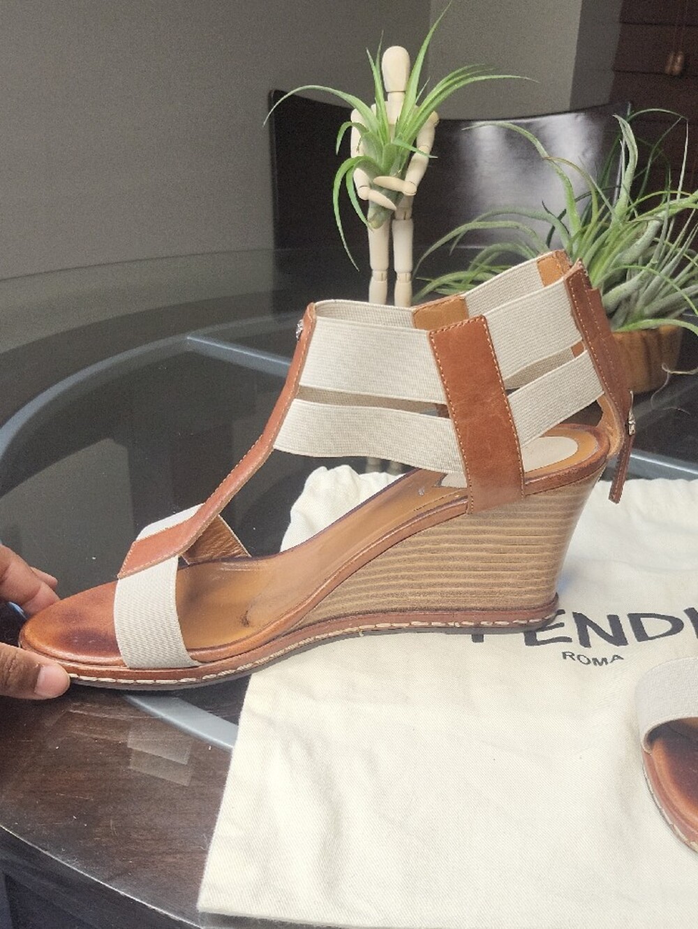 Fendi Brown & Cream Leather Wedge Sandals - Picture 5 of 11